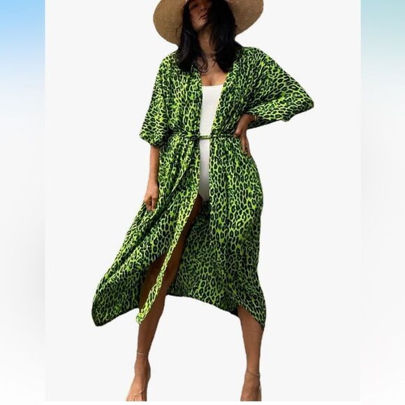 Green Leopard Print Kimono Coverup Amazon One Size - Picture 1 of 10
